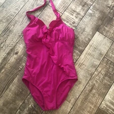 Love Your Assets Sara Blakely 1 piece Swimsuit Bright pink fuchsia halter XL 