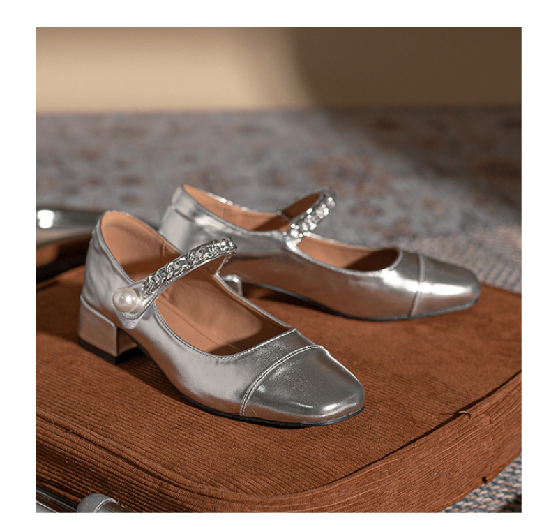 Women Silver Mary Jane Shoes Summer Square Toe Retro Pu Leather