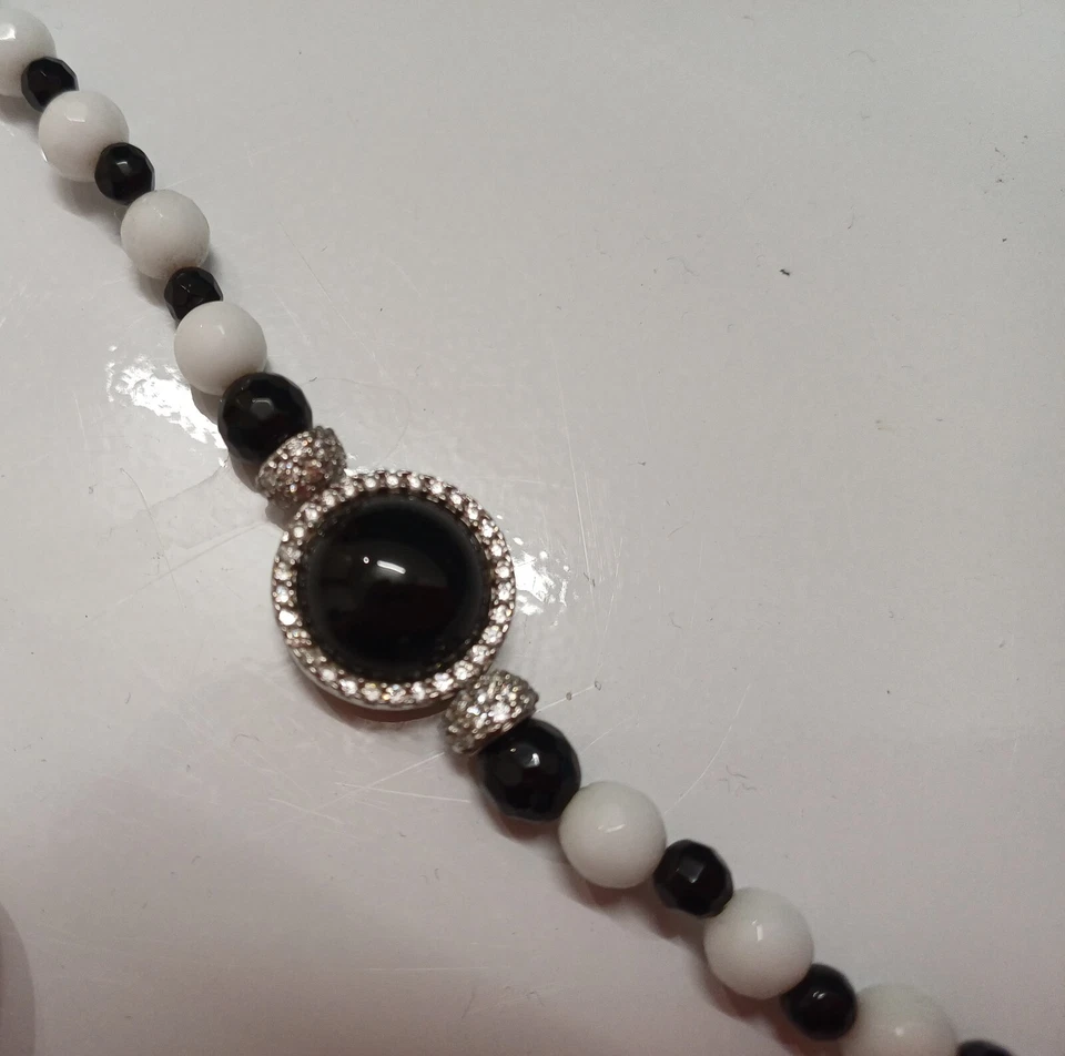 Bracciale Onice Nero Agata Bianc Con Zirconi Argento Gift Regalo Estate Summers - Immagine 4 di 4