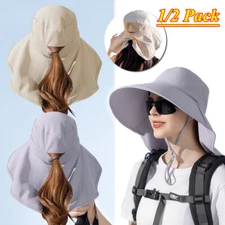 1/2Pack Women Bucket Boonie Hat Neck Flap Wide Brim Ponytail Cap Sun Protection