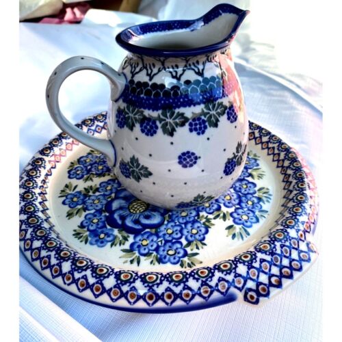 Unikat Hand Made in Poland Polish Pottery Ceramic Pitcher and Plate - Picture 1 of 8