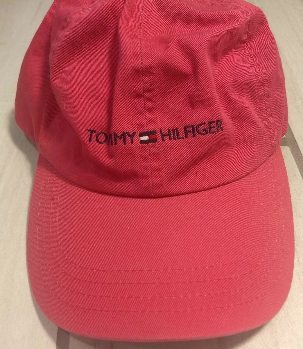 Vintage 90s Tommy Hilfiger Logo Cap Hat Hot Pink Leather Strap Back Adjustable