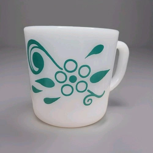 Federal Milk Glass Coffee Mug Turquoise Flower Mid Century Atomic Swirl Vtg