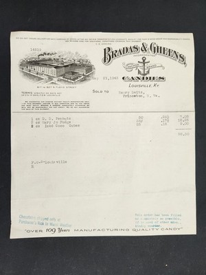 1943 antique BRADAS & GHEENS CANDIES louisville ky BILLHEAD to Harry Deitz 