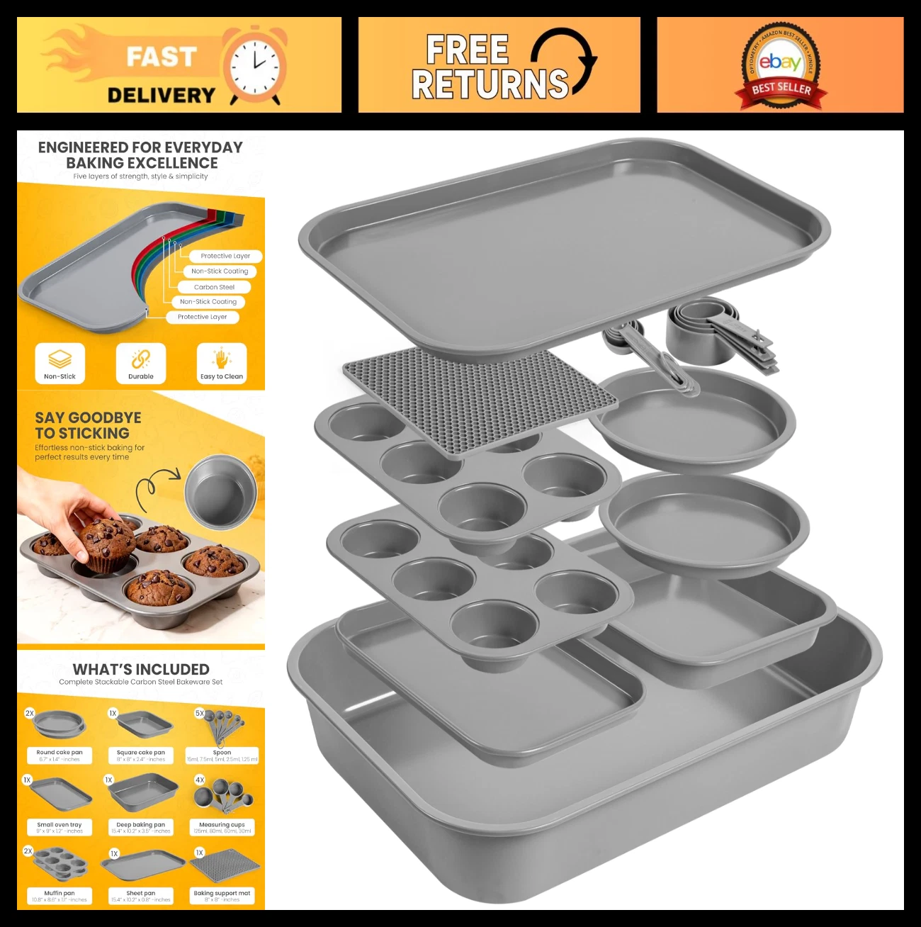 11-Piece Stackable Nonstick Baking Set - Carbon Steel Muffin, Cookie, Cake Pans