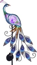 Solar Peacock Garden Ornament 61cm | Metal Crackle Glass Light Outdoor Yard