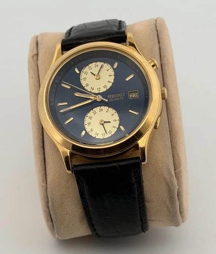 Vintage Seiko Quartz Men’s Watch Gold Tone 37mm Pristine New Battery Blue Dial