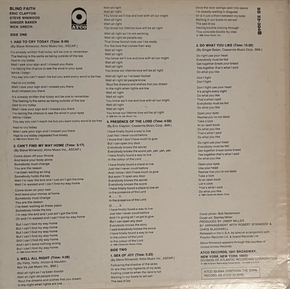 Blind Faith ' Blind Faith ' Vinyl LP Album US 1969 SD 33-304B ROCK ATCO - Image 4 of 4