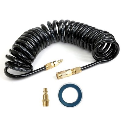 25ft Coiled Air Hose 1/4'' PU Recoil Hose with Brass Coupler Kit 200 PSI