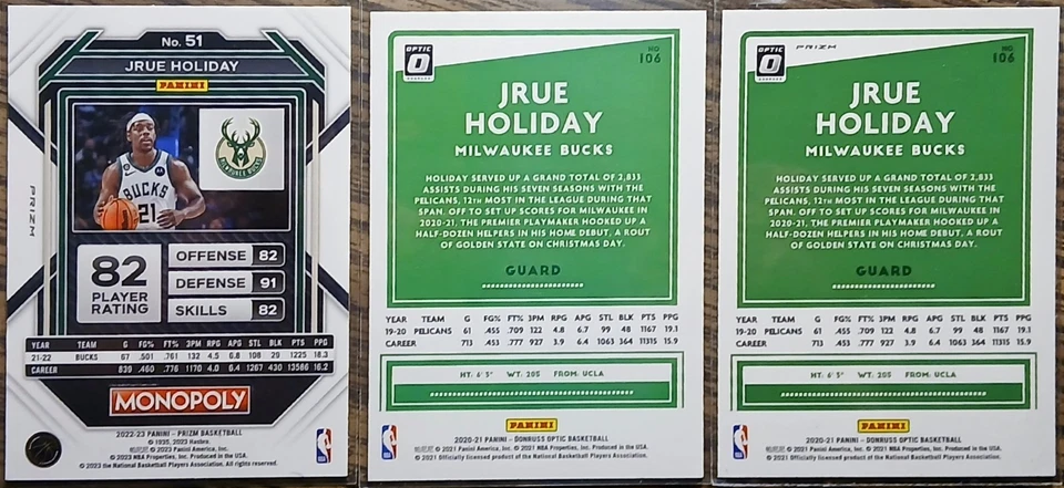 2022 Panini Prizm Jrue Holiday Milwaukee Bucks Silver Prizm SP NBA Lot X3 NM-MT - Image 2 of 2