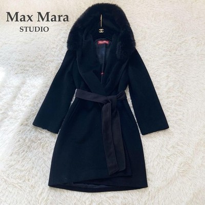 Max Mara Studio Pure Virgin Wool Coat Fox Fur Belt Black Size US 2 Used