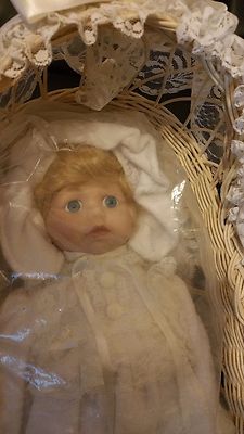 *Victoria Impex porcelain doll with Bear and Basket Baby's First Christmas 12'' 