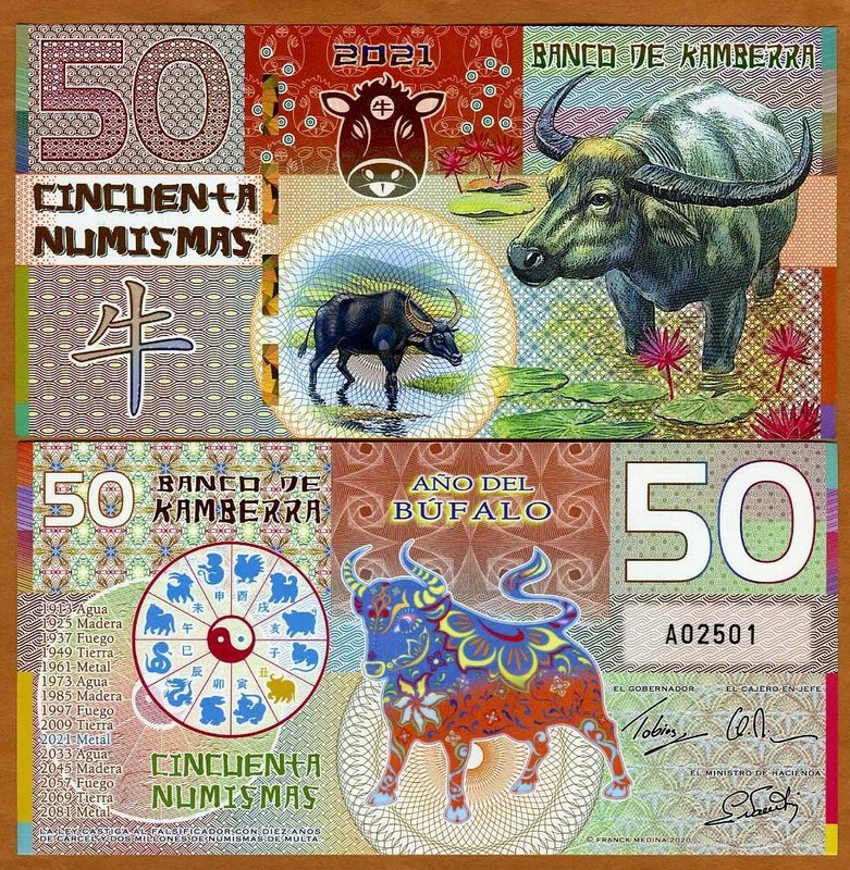 Kamberra, 50 Numismas, Polymer, China Lunar Year 2021, UNC, Ox (Bull)