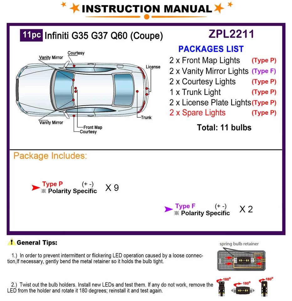 Kit de luces interiores LED para Infiniti G35 G37 Q60 2007-2015 bombillas domo blancas Foto 2 de 4
