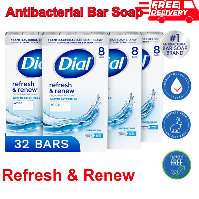 Dial Antibacterial Bar Soap, Refresh & Renew, White, 4 oz, 32 Bars BEST SELLER