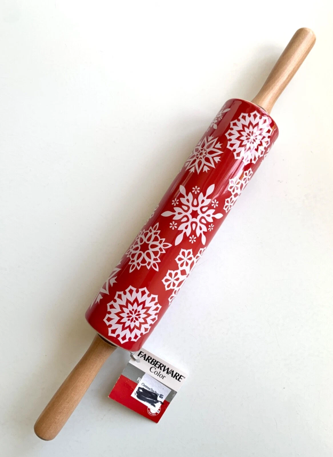 FARBERWARE Rolling Pin SNOWFLAKE Red White Ceramic Wood Handles Holiday NWT