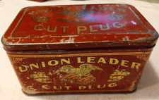 Antique Vtg "Union Leader Cut Plug" EMPTY Tobacco Tin, Great Graphics & Color