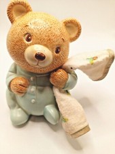 Baby Piggy Bank Teddy Bear in Blue Pajamas Holding Cloth blanket 5" Vintage Avon