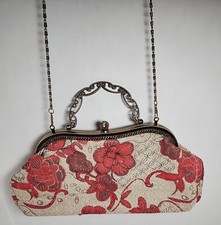 Vtg Tapestry Purse 1950s Handbag Gold Frame Clutch Gold Chain Handle Red Beads