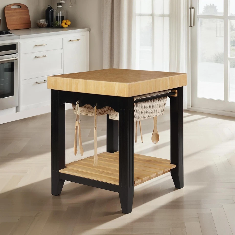 Linon Kolton Bloque Carnicero Isla de Cocina 2 Cestas en Negro/Madera Natural Foto 3 de 4