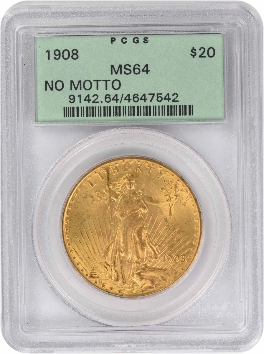 1908 $20 Gold St. Gaudens No Motto MS64 PCGS