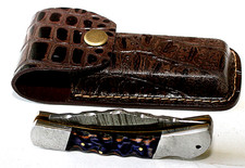 Unmarked Damascus Steel Folding Blade Lock Back Pocket Knife w/Leather Pouch