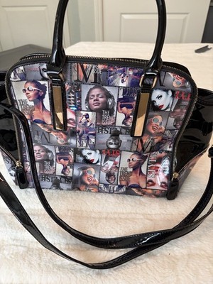 Women s Magazine Print Satchel Top Handle Bag Black/Multicolor Zip Detach Strap