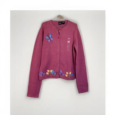 Gap Girls Cardigan Sweater XL Pink Flower Butterfly Appliqués Artsy NEW - Image 1 of 4