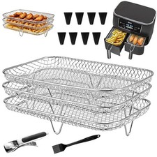 Image of Dual Air Fryer Accessories Stackable Stainless Steel Racks Tongs Silicone Feet