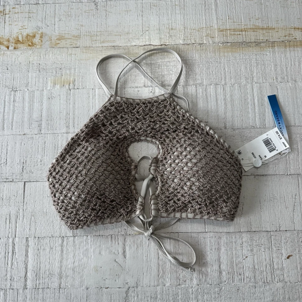 Top de Bikini Lucky Brand Los Cabos Crochet Nuevo con Etiquetas Talla Mediana Arena Cuello Alto Halter Foto 3 de 4