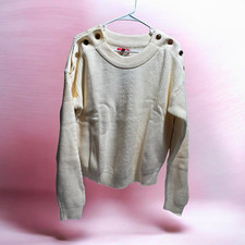 GUESS Women  s Ivory Ribbed Knit Crew Neck Pullover Sweater Button Shoulder L