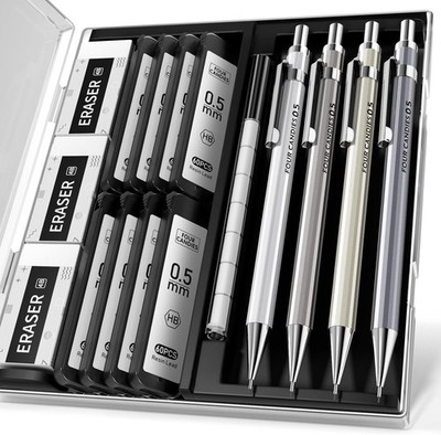 4PCS Stylish Mechanical Pencils with 480 Leads & 12 Erasers - Perfect for School