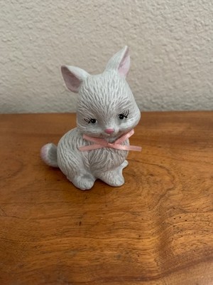 Vintage Ceramic Crouching White Bunny w/Pink Ribbon Bow