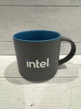 Intel Corporation Gray And Blue Coffee Mug Ceramic Cup White Logo Chipmaker.