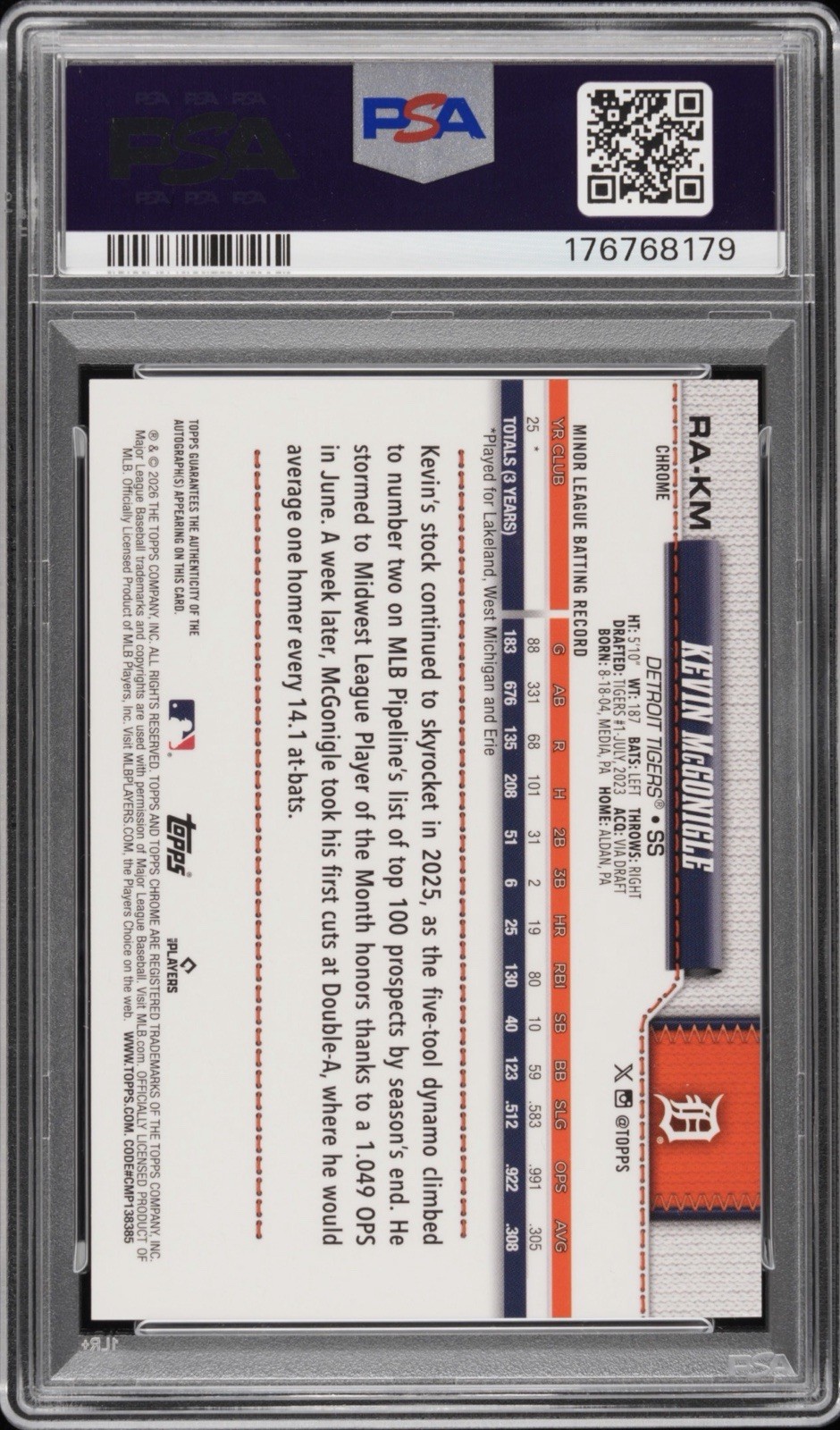 Topps 2026 Chrome Kevin McGonigle Rookie Auto Orange RayWave /25 PSA 8 RA-KM view 2