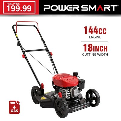 PowerSmart 18'' Gas Push Lawn Mower, 144cc, 2-in-1 Mulching & Side Discharge, New