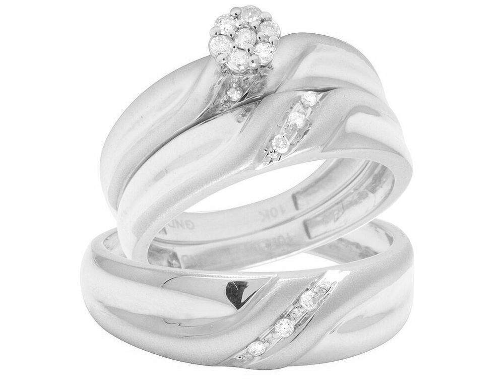 His Her 10k White Gold Ct Moissanite Trio Set Band Wedding
