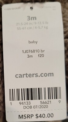 Carter's Unisex Baby Hooded Sherpa Pram Brown Size 3 Months NWT