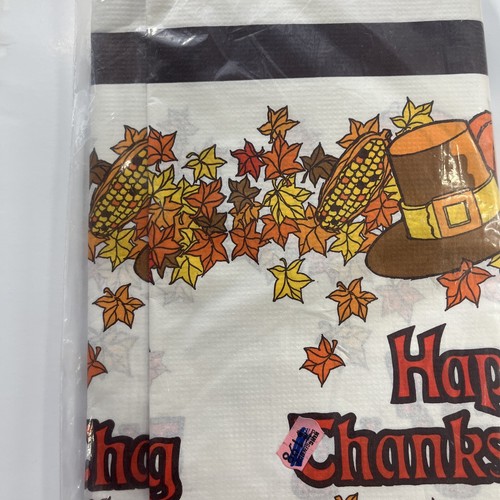 Thanksgiving dinner Table Cover VTG 1980s Fall Autumn Pilgrim turkey pumpkin old - Picture 13 of 24