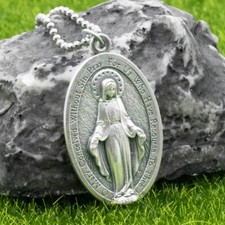 Extra Large 1-3/4" Miraculous Medal Virgin Mary Pendant Necklace Italy 24" Chain