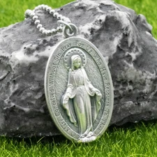 Extra Large 1-3/4" Miraculous Medal Virgin Mary Pendant Necklace Italy 24" Chain