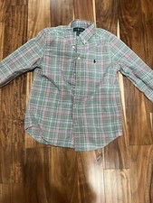 RALPH LAUREN BOY BUTTON DOWN LONG SLEEVE DRESS SHIRT GREEN SIZE LARGE 14/16 EEUC