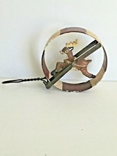 Small Ceramic Reindeer Within Spinning Wheel Hanging Christmas Ornament 3" Dia