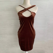 NWT Pretty Little Thing Brown stretch velvet asymmetrical neck bodycon dress 8