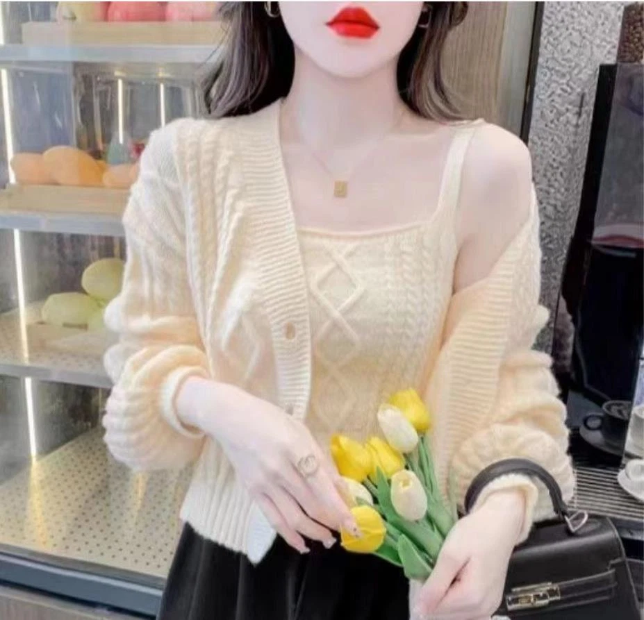 NUEVO Conjunto de dos piezas cárdigan tejido + camisola para mujer Traje Cárdigan recortado Mujer