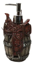Rustic Western Faux Leather Cowboy Horse Saddle On Barrel Soap Pump Dispenser