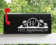 Set of 2 - 5" x 11" Custom Beach Themed Mailbox Decals Stickers Initial & Street