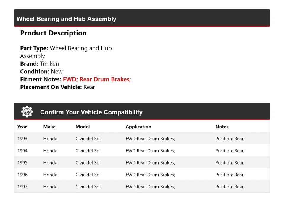 Conjunto de cojinete de rueda y buje trasero Timken para Honda Civic del Sol 1993-1997 tracción delantera Foto 2 de 4