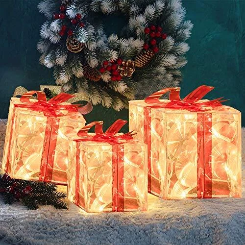 Juego de 3 Cajas de Regalo Navidad 60 Iluminadas LED, Transparente Blanco Cálido Iluminado Foto 2 de 4