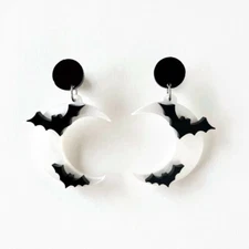 Crescent Moon and Bat Earrings, Black and White Spooky Halloween Acrylic Jewelry